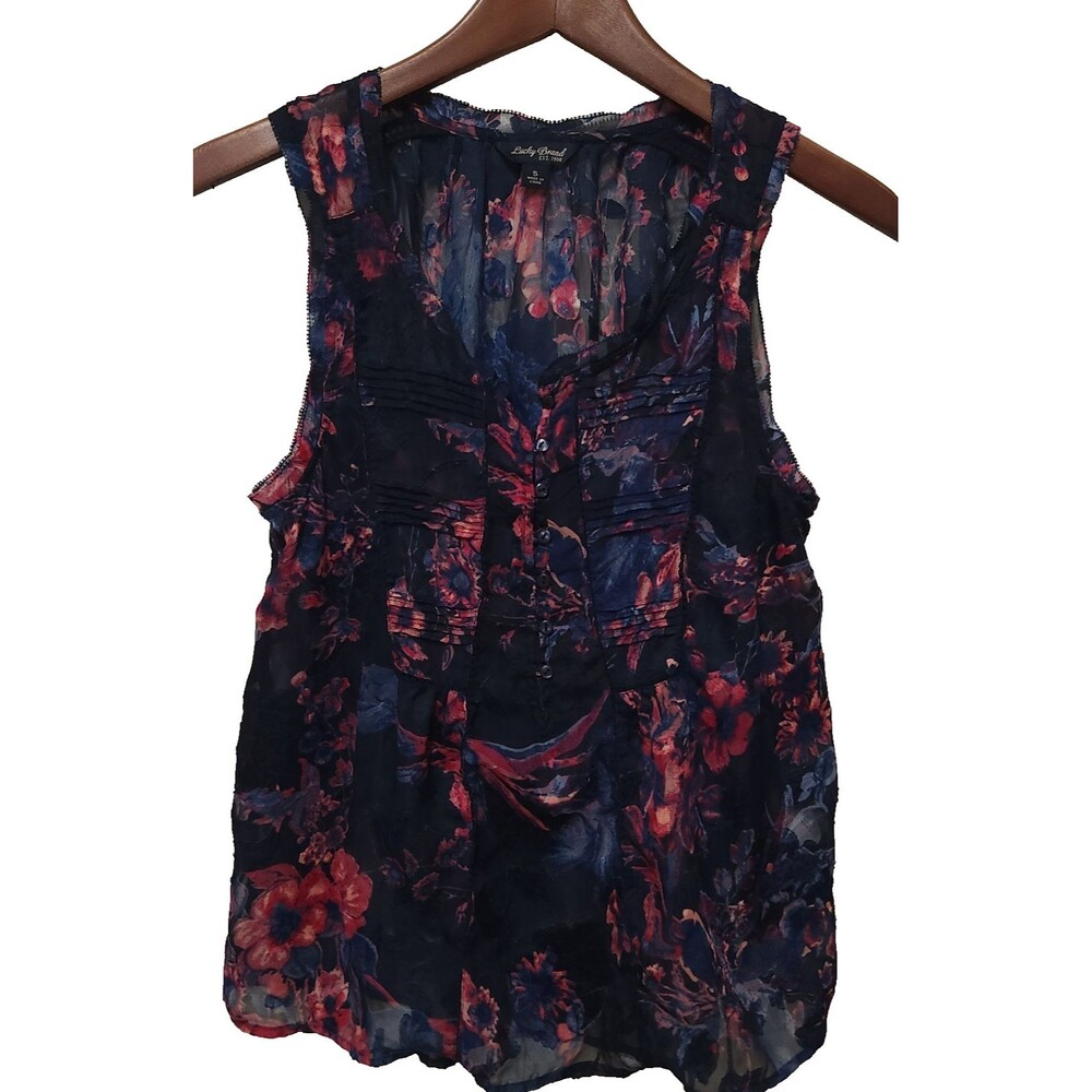 Lucky Brand Sheer Floral Henley Tank Top Blue Purple Pink Size Small